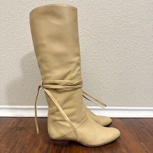 JULIANELLI Belted Riding Boots Beige Leather Pull On Knee High